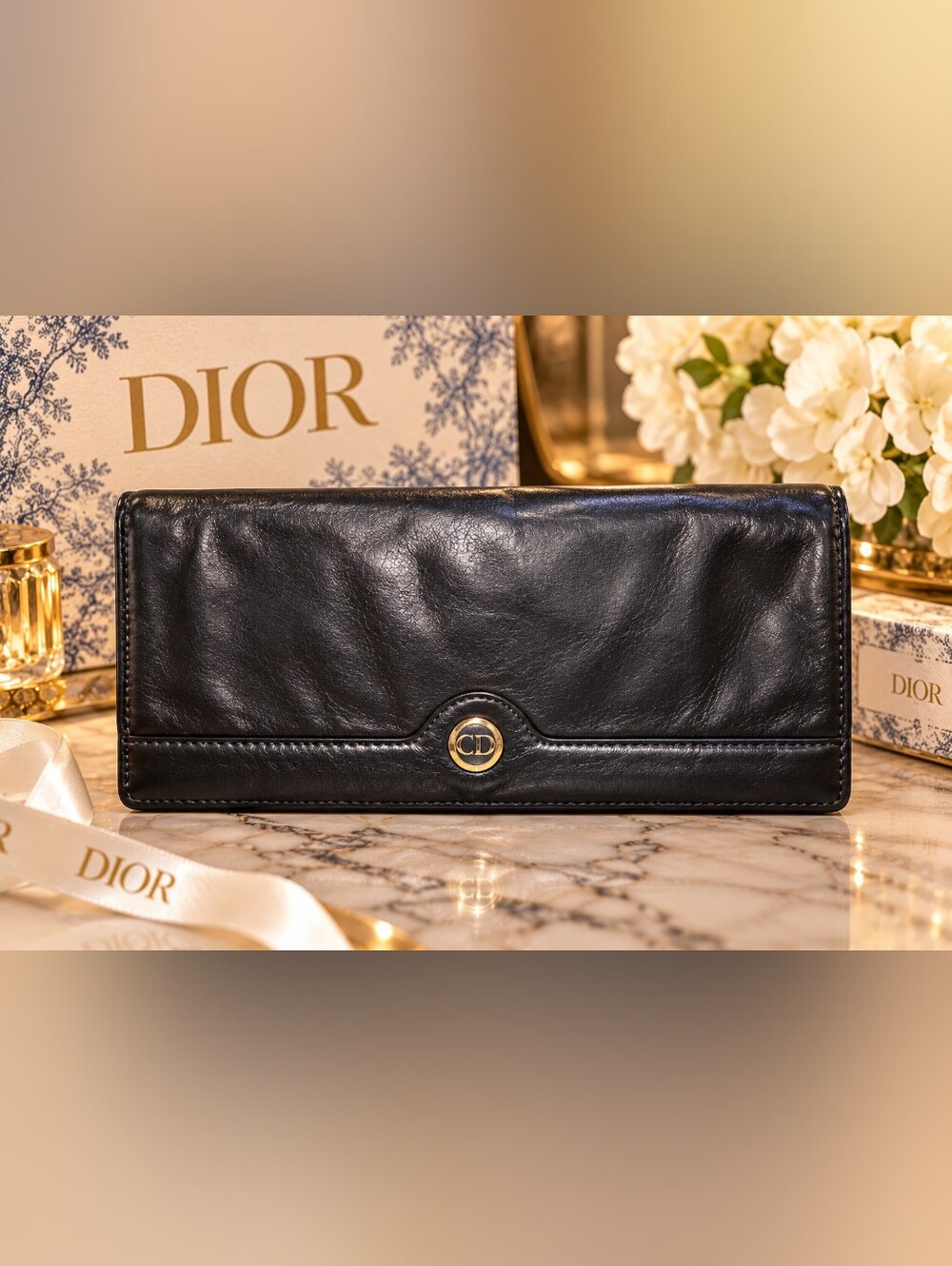 Dior Black Leather Wallet With Gold Accent